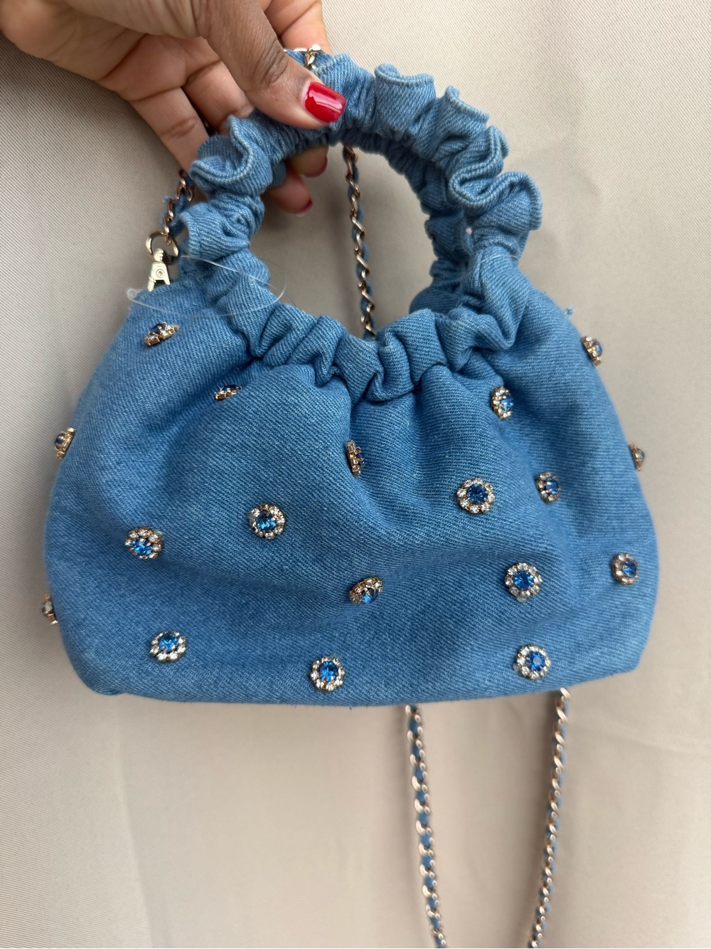 Embellished Blue Denim Ruched Handle Crossbody Bag